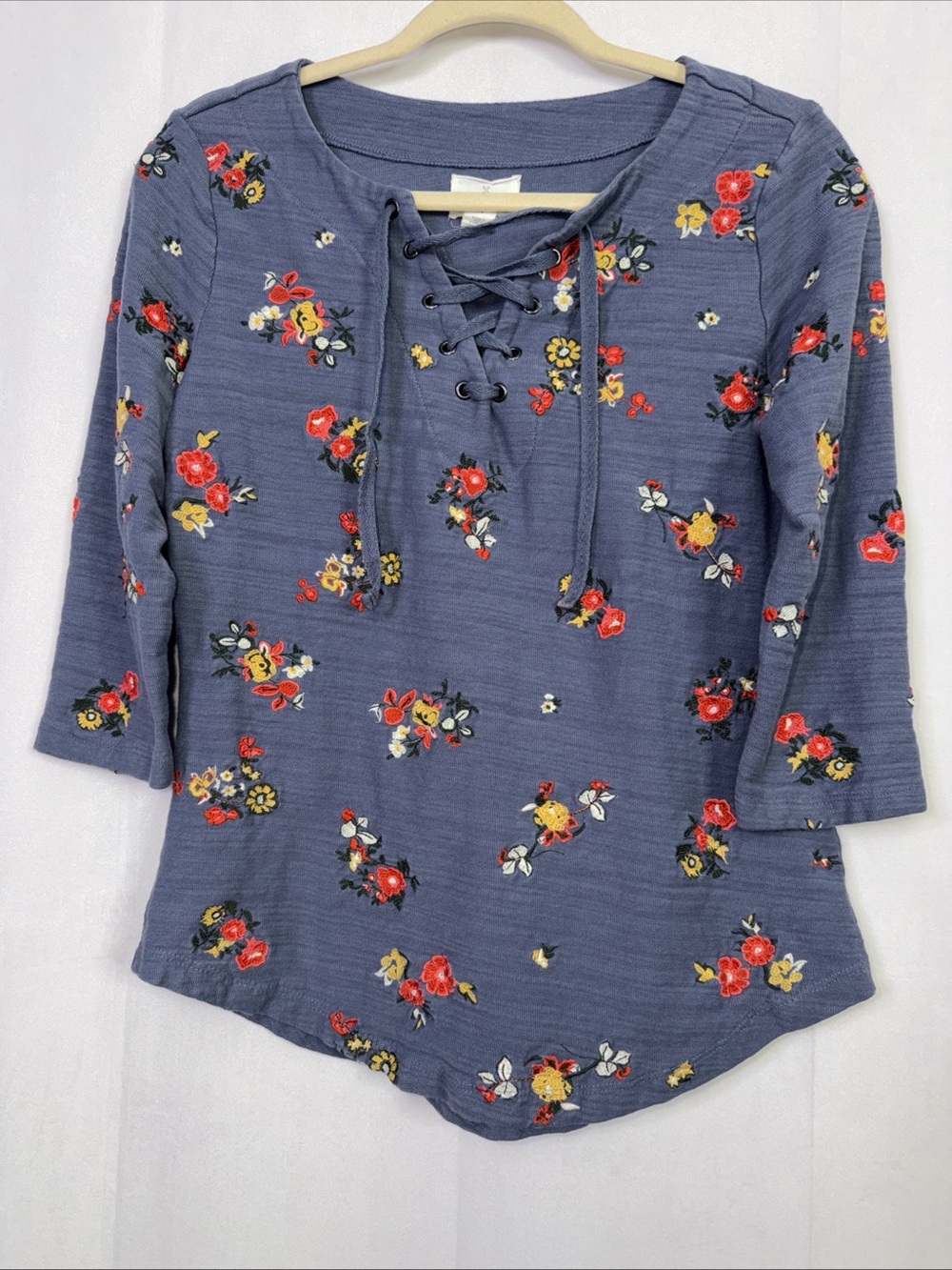 Caslon Floral Embroidered Lace-Up Cotton Long Sleeve Blouse